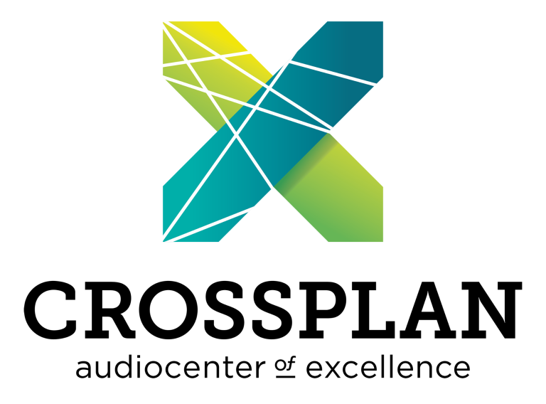 Logo von Crossplan, Audiocenter of Excellence, mit bunten geometrischen Formen.