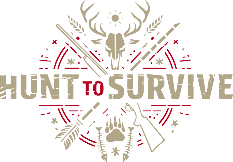 Logo mit dem Text "HUNT TO SURVIVE", umgeben von Jagdsymbolen und einer Tierstatue.