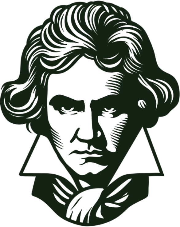 Porträt von Ludwig van Beethoven in schwarz-weißer Grafik.